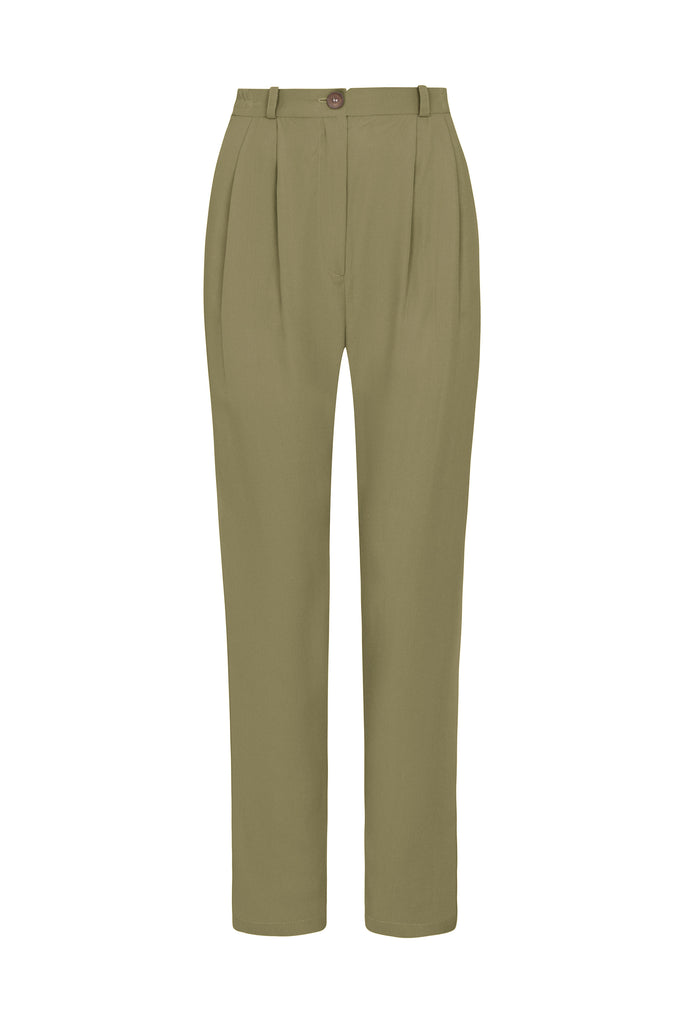 Abelia Pleated Tailored Trousers - Olive Trousers 100% Tencel 6 Olive 
